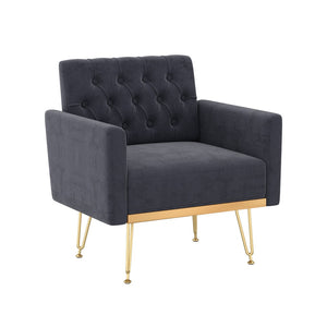 English Elm Velvet Tufted Accent Chair with Gold Legs Glamorous Mid-century Reading Seat for Bedroom Black W2113P477246