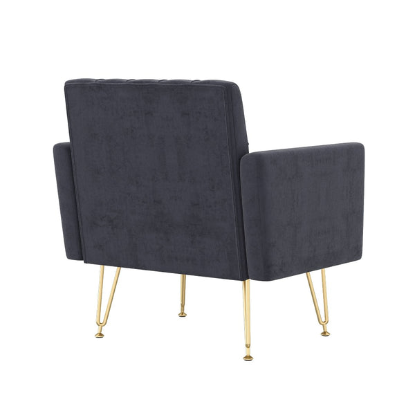 English Elm Velvet Tufted Accent Chair with Gold Legs Glamorous Mid-century Reading Seat for Bedroom Black W2113P477246