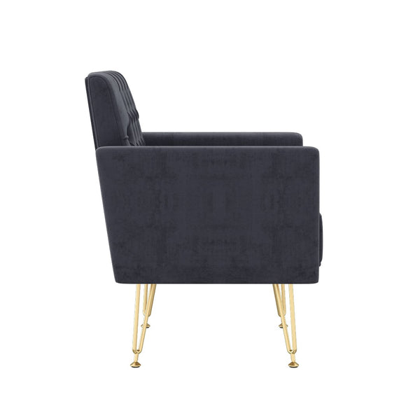 English Elm Velvet Tufted Accent Chair with Gold Legs Glamorous Mid-century Reading Seat for Bedroom Black W2113P477246