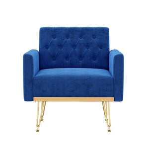 English Elm Velvet Tufted Accent Chair with Gold Legs Glamorous Mid-century Reading Seat for Bedroom Navy W2113P477249