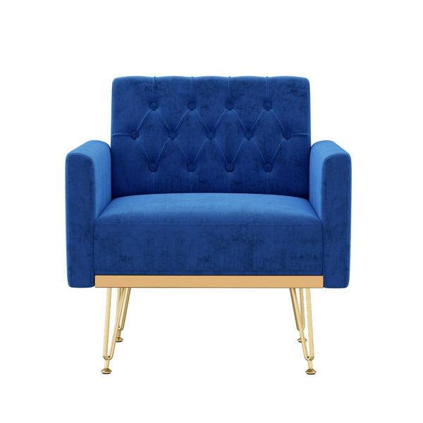 English Elm Velvet Tufted Accent Chair with Gold Legs Glamorous Mid-century Reading Seat for Bedroom Navy W2113P477249
