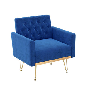 English Elm Velvet Tufted Accent Chair with Gold Legs Glamorous Mid-century Reading Seat for Bedroom Navy W2113P477249
