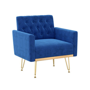 English Elm Velvet Tufted Accent Chair with Gold Legs Glamorous Mid-century Reading Seat for Bedroom Navy W2113P477249