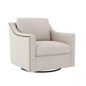 English Elm 360 Swivel Barrel Chair Cotton Linen Upholstery Nailhead Trim Black Metal Base W2113P491816