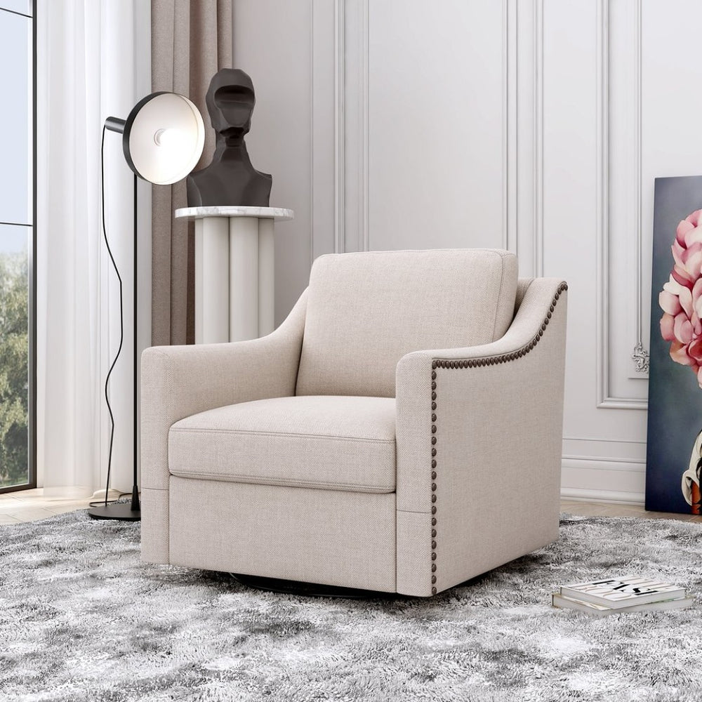 English Elm 360 Swivel Barrel Chair Cotton Linen Upholstery Nailhead Trim Black Metal Base W2113P491816