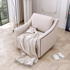 English Elm 360 Swivel Barrel Chair Cotton Linen Upholstery Nailhead Trim Black Metal Base W2113P491816