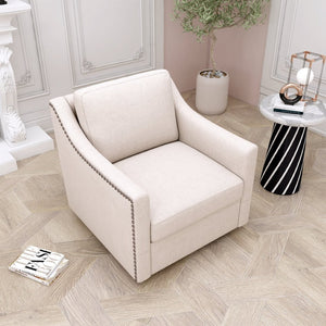 English Elm 360 Swivel Barrel Chair Cotton Linen Upholstery Nailhead Trim Black Metal Base W2113P491816