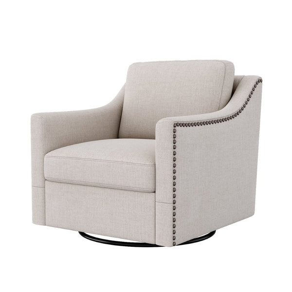 English Elm 360 Swivel Barrel Chair Cotton Linen Upholstery Nailhead Trim Black Metal Base W2113P491816