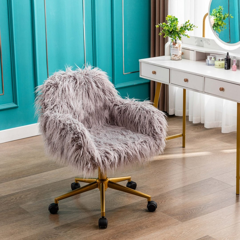 English Elm Hengming Plush Faux Fur Vanity Chair with Gold Chrome Base for Glam Workspaces W21238272