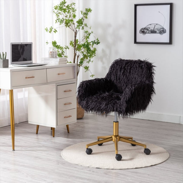English Elm Hengming Faux Fur Vanity Chair Plush Glam Seat with Gold Chrome Rolling Base W21260400