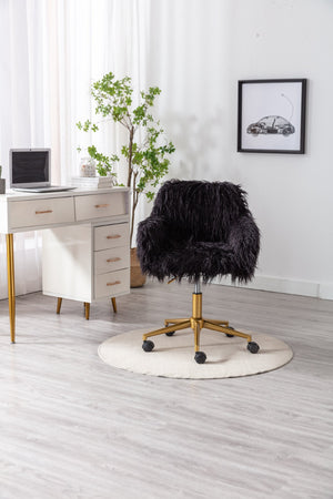 English Elm Hengming Faux Fur Vanity Chair Plush Glam Seat with Gold Chrome Rolling Base W21260400