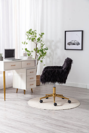 English Elm Hengming Faux Fur Vanity Chair Plush Glam Seat with Gold Chrome Rolling Base W21260400