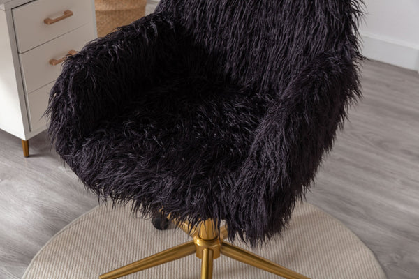 English Elm Hengming Faux Fur Vanity Chair Plush Glam Seat with Gold Chrome Rolling Base W21260400