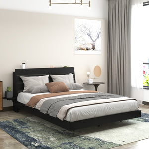 English Elm Floating Queen Platform Bed Walnut Wood Headboard with Rgb Led Lights Charging Ports Black W2129P394142