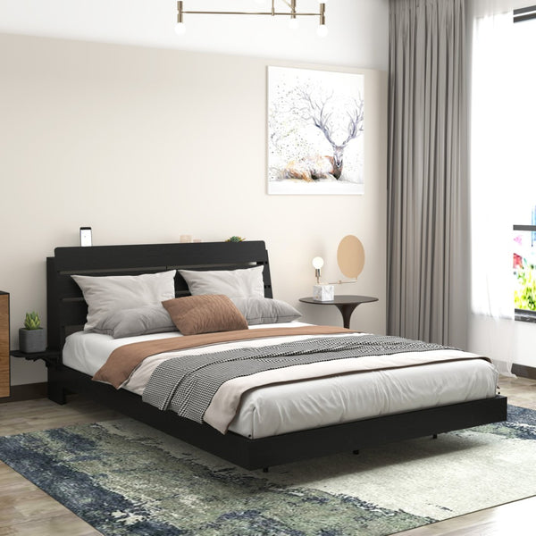 English Elm Floating Queen Platform Bed Walnut Wood Headboard with Rgb Led Lights Charging Ports Black W2129P394142