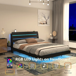 English Elm Floating Queen Platform Bed Walnut Wood Headboard with Rgb Led Lights Charging Ports Black W2129P394142