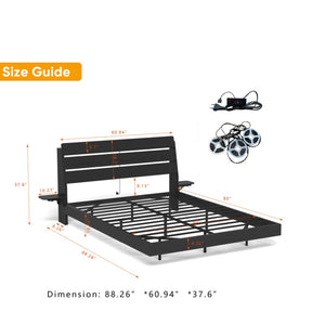 English Elm Floating Queen Platform Bed Walnut Wood Headboard with Rgb Led Lights Charging Ports Black W2129P394142