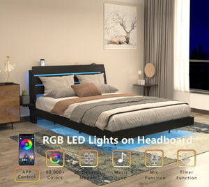 English Elm Floating Queen Platform Bed Walnut Wood Headboard with Rgb Led Lights Charging Ports Black W2129P394142