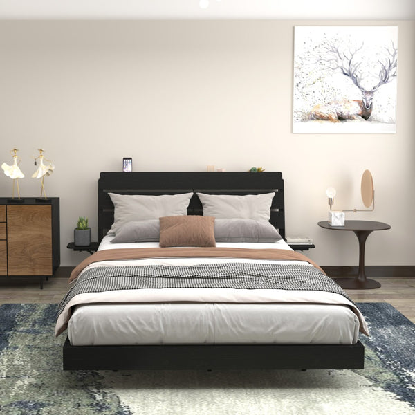 English Elm Floating Queen Platform Bed Walnut Wood Headboard with Rgb Led Lights Charging Ports Black W2129P394142
