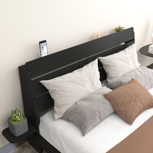 English Elm Floating Queen Platform Bed Walnut Wood Headboard with Rgb Led Lights Charging Ports Black W2129P394142