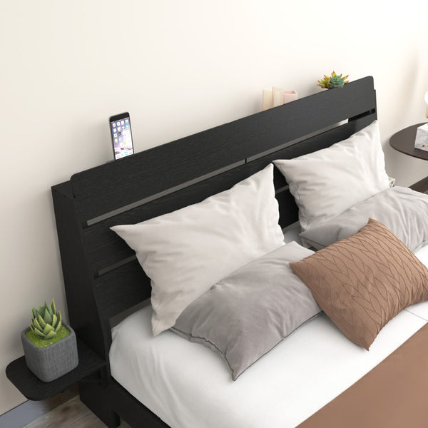English Elm Floating Queen Platform Bed Walnut Wood Headboard with Rgb Led Lights Charging Ports Black W2129P394142