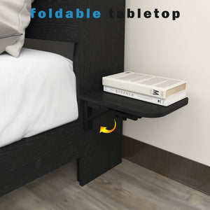 English Elm Floating Queen Platform Bed Walnut Wood Headboard with Rgb Led Lights Charging Ports Black W2129P394142