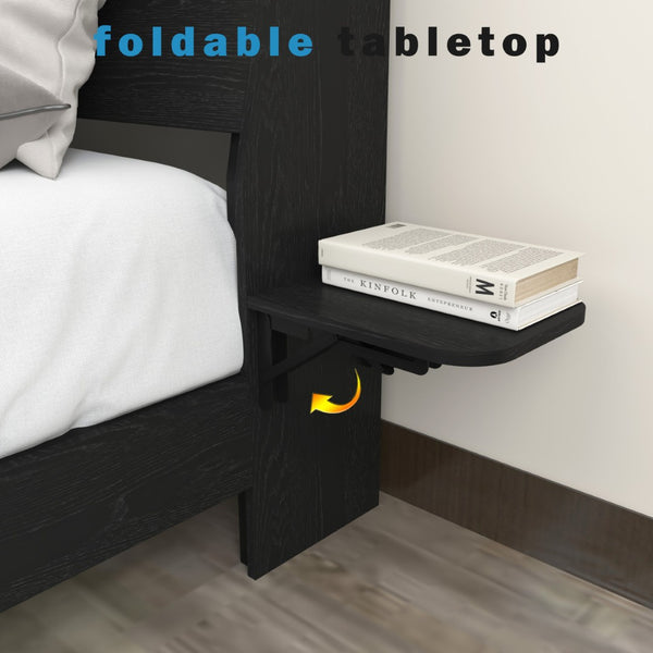 English Elm Floating Queen Platform Bed Walnut Wood Headboard with Rgb Led Lights Charging Ports Black W2129P394142