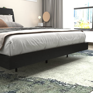 English Elm Floating Queen Platform Bed Walnut Wood Headboard with Rgb Led Lights Charging Ports Black W2129P394142