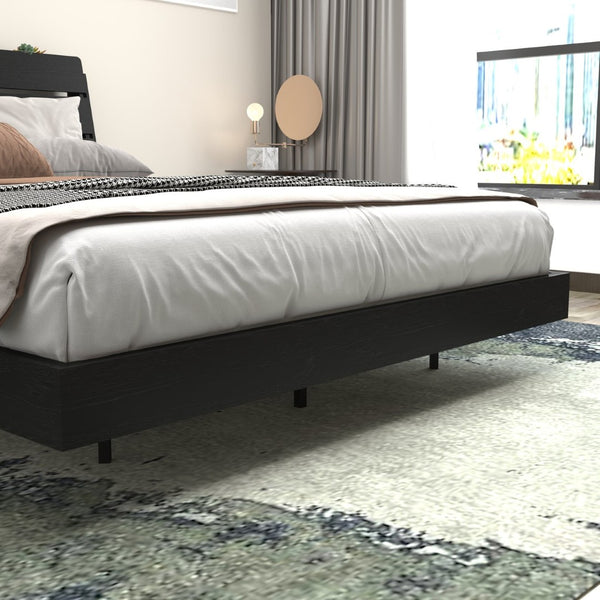English Elm Floating Queen Platform Bed Walnut Wood Headboard with Rgb Led Lights Charging Ports Black W2129P394142