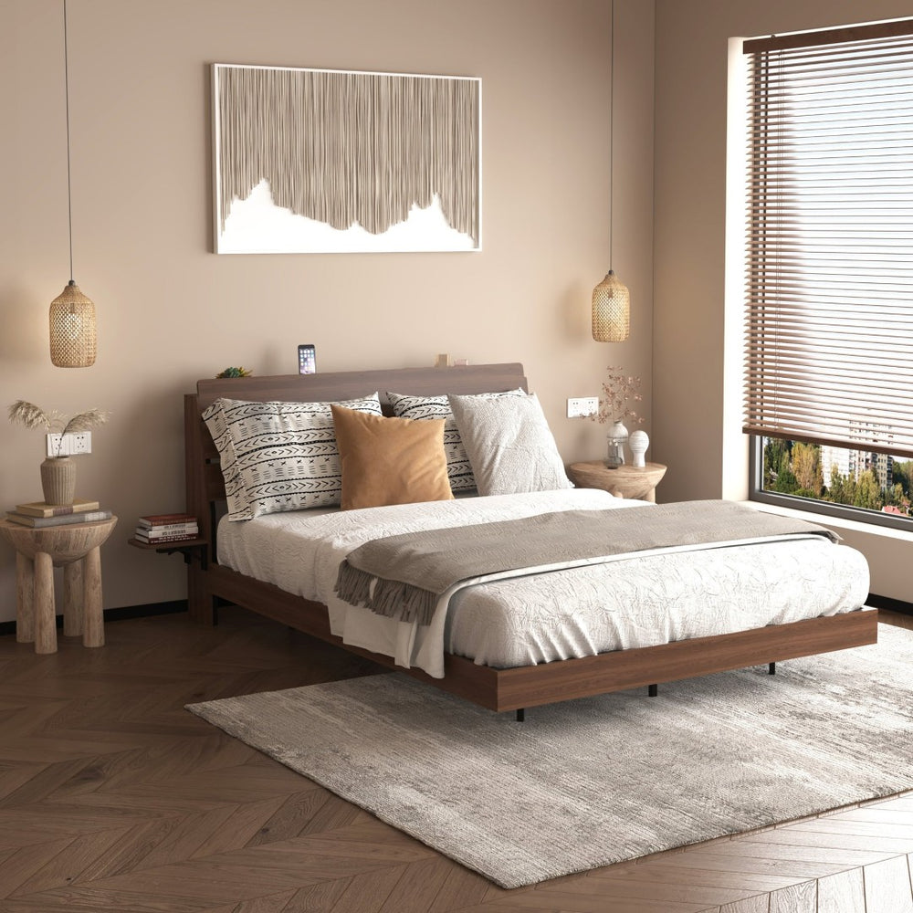 English Elm Floating Queen Platform Bed Walnut Wood Headboard with Rgb Led Lights Charging Ports Walnut W2129P394148