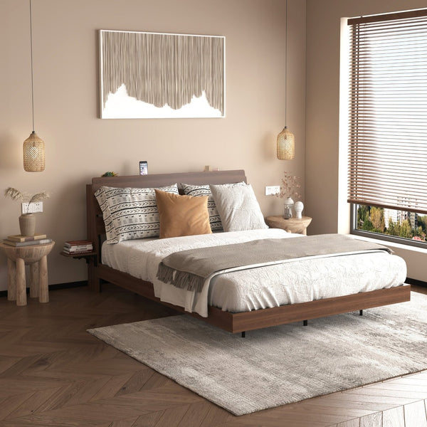 English Elm Floating Queen Platform Bed Walnut Wood Headboard with Rgb Led Lights Charging Ports Walnut W2129P394148