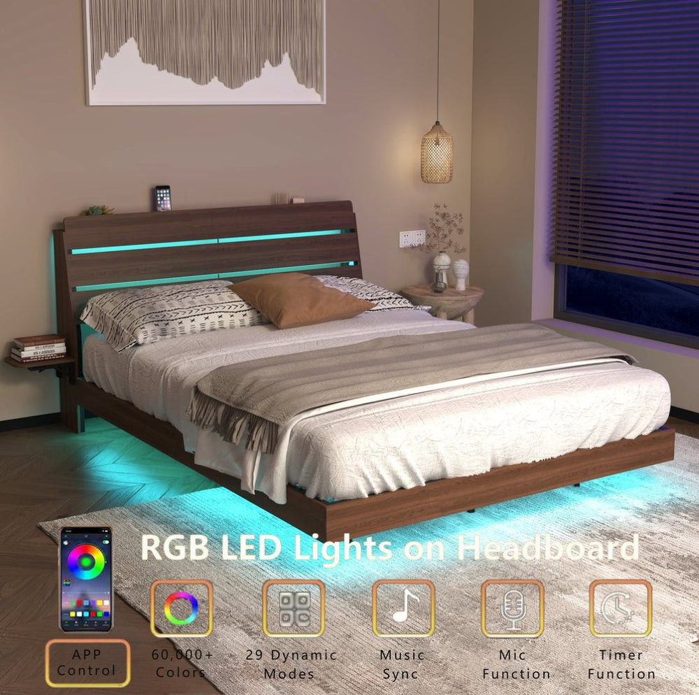 English Elm Floating Queen Platform Bed Walnut Wood Headboard with Rgb Led Lights Charging Ports Walnut W2129P394148