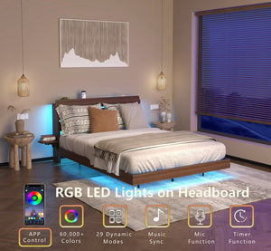 English Elm Floating Queen Platform Bed Walnut Wood Headboard with Rgb Led Lights Charging Ports Walnut W2129P394148