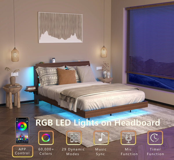 English Elm Floating Queen Platform Bed Walnut Wood Headboard with Rgb Led Lights Charging Ports Walnut W2129P394148