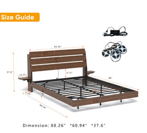 English Elm Floating Queen Platform Bed Walnut Wood Headboard with Rgb Led Lights Charging Ports Walnut W2129P394148