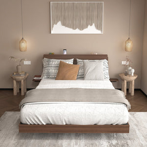 English Elm Floating Queen Platform Bed Walnut Wood Headboard with Rgb Led Lights Charging Ports Walnut W2129P394148