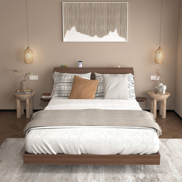English Elm Floating Queen Platform Bed Walnut Wood Headboard with Rgb Led Lights Charging Ports Walnut W2129P394148