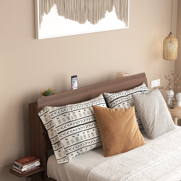 English Elm Floating Queen Platform Bed Walnut Wood Headboard with Rgb Led Lights Charging Ports Walnut W2129P394148