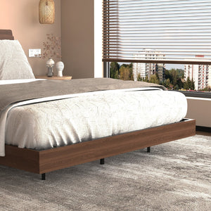 English Elm Floating Queen Platform Bed Walnut Wood Headboard with Rgb Led Lights Charging Ports Walnut W2129P394148