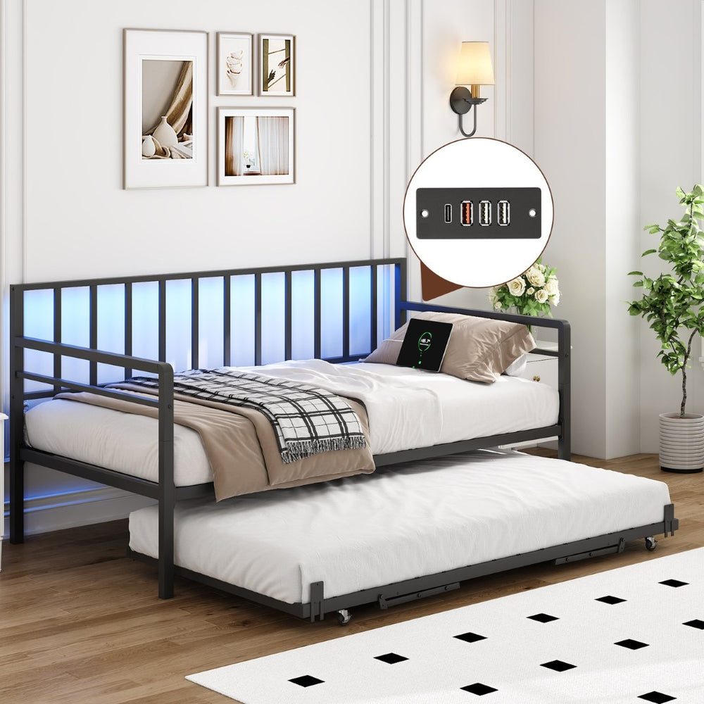English Elm Twin Metal Daybed with Trundle Rgb Led Lighting and Usb Charging for Guest Rooms W2129P417631