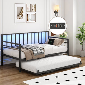 English Elm Twin Metal Daybed with Trundle Rgb Led Lighting and Usb Charging for Guest Rooms W2129P417631