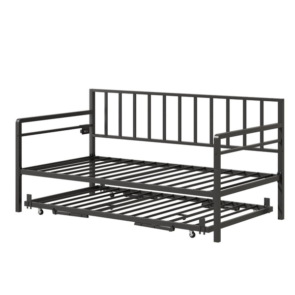 English Elm Twin Metal Daybed with Trundle Rgb Led Lighting and Usb Charging for Guest Rooms W2129P417631