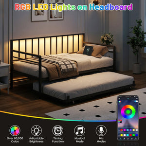 English Elm Twin Metal Daybed with Trundle Rgb Led Lighting and Usb Charging for Guest Rooms W2129P417631