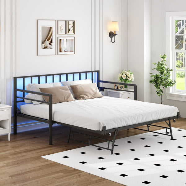 English Elm Twin Metal Daybed with Trundle Rgb Led Lighting and Usb Charging for Guest Rooms W2129P417631