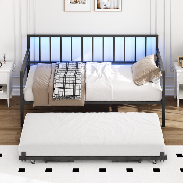 English Elm Twin Metal Daybed with Trundle Rgb Led Lighting and Usb Charging for Guest Rooms W2129P417631