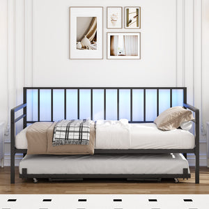 English Elm Twin Metal Daybed with Trundle Rgb Led Lighting and Usb Charging for Guest Rooms W2129P417631