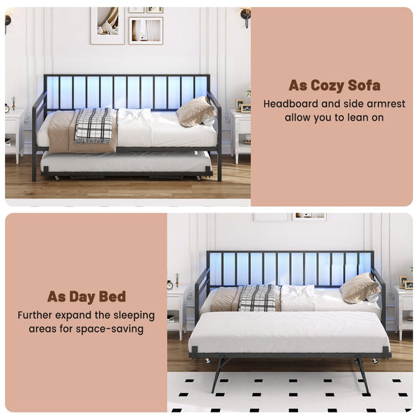 English Elm Twin Metal Daybed with Trundle Rgb Led Lighting and Usb Charging for Guest Rooms W2129P417631