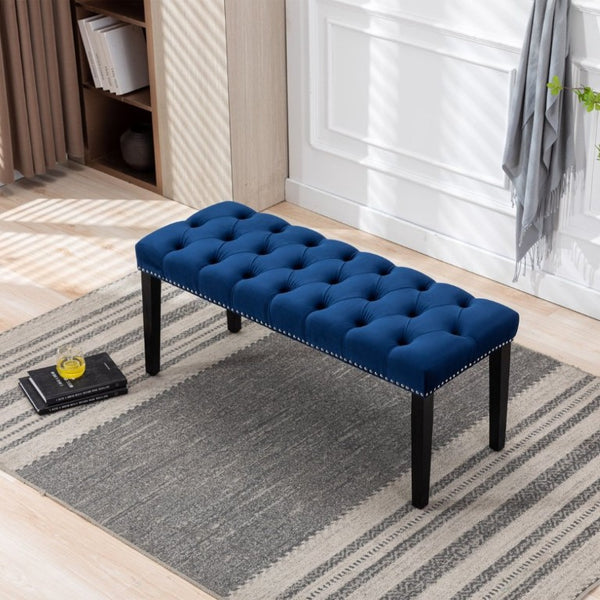 English Elm Heng Ming Velvet Button Tufted Bench Ottoman for Entryway Bedroom or Dining Room Blue W212P300160
