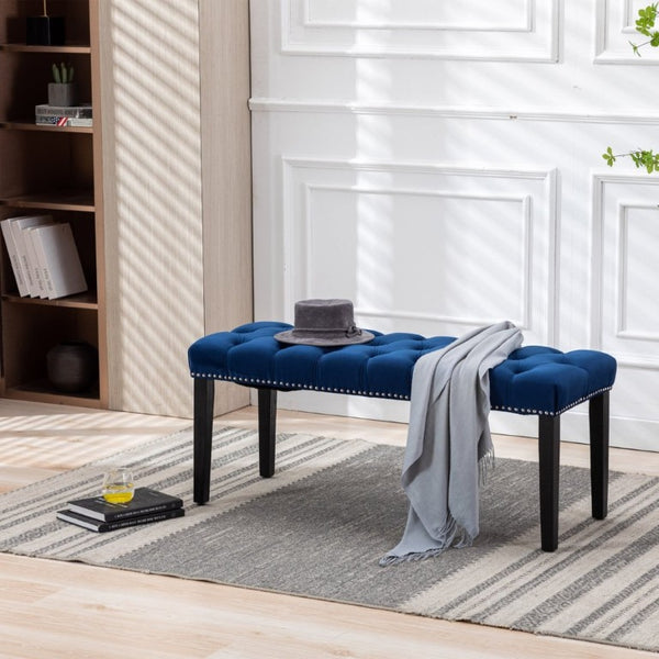 English Elm Heng Ming Velvet Button Tufted Bench Ottoman for Entryway Bedroom or Dining Room Blue W212P300160