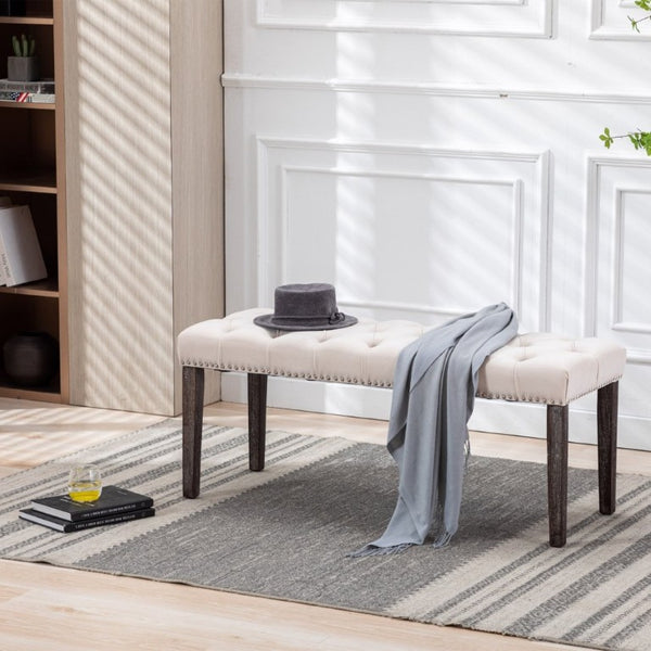 English Elm Heng Ming Velvet Button Tufted Bench Ottoman for Entryway Bedroom or Dining Room Beige W212P300162